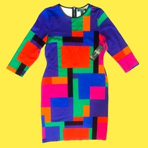 Ralph Lauren NWT Colorblock Colourful Rainbow Abstract Dress Mod Retro Comfort